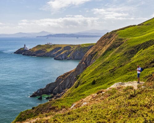 View of Dublin Bay and the Baily Lighthouse from the Howth Cliff walk, Howth Head, Dublin, Co. Dublin, Leinster, Ireland.